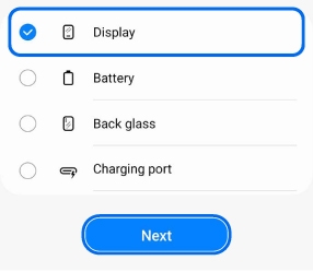 Calibration selection screen showing Display checked and highlighted, with a Next button below.