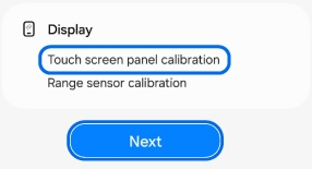 Display calibration options screen showing Touch screen panel calibration highlighted, with a Next button below.