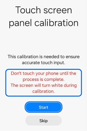 Touch screen panel calibration screen showing a highlighted red text box with instructions, and Start and Skip buttons below.