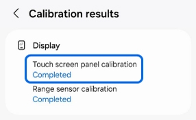 Calibration results screen showing Touch screen panel calibration and Range sensor calibration completed.
