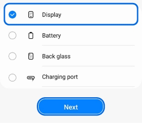Calibration selection screen with Display checked and highlighted, and a Next button below.