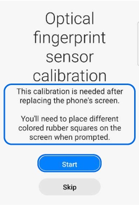 Optical fingerprint sensor calibration screen showing a highlighted instruction box and Start and Skip buttons.