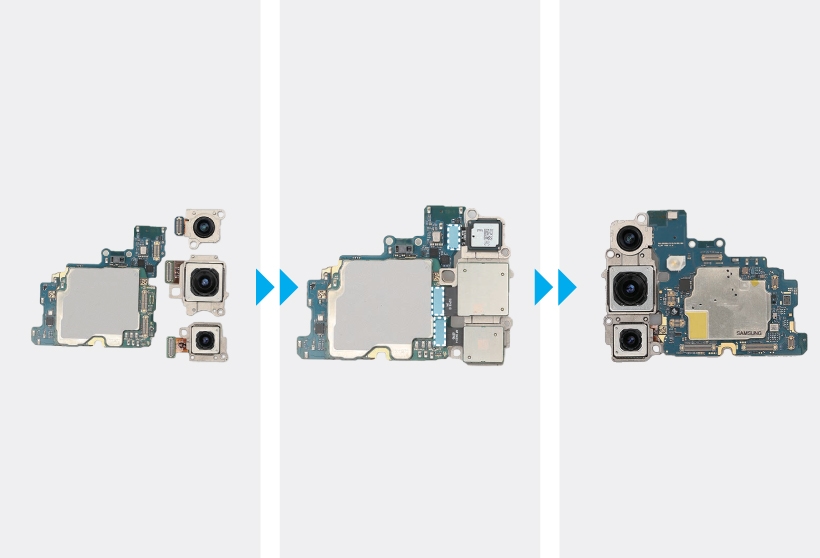 Three step diagram showing the rear camera modules being aligned and connected to the main board.