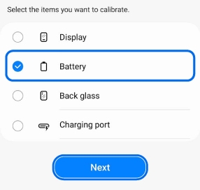 Calibration selection screen showing Battery checked and highlighted, with a Next button below.
