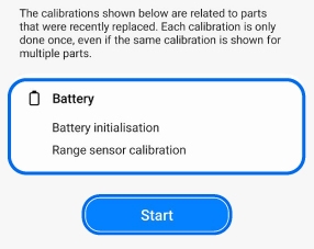 Battery calibration start screen showing Battery initialisation and Range sensor calibration listed, with a Start button below.