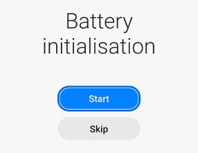 Battery initialisation screen with Start and Skip buttons below.