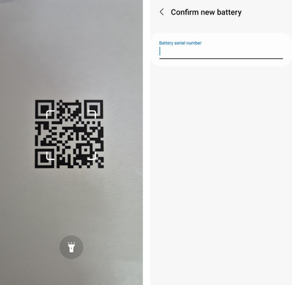 Screen split into two sections showing a camera viewfinder with a QR code, and a text entry field for Battery serial number.