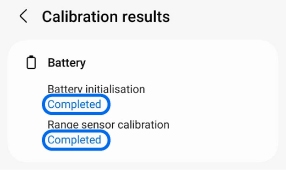 Calibration results screen showing Battery initialisation and Range sensor calibration as Completed.