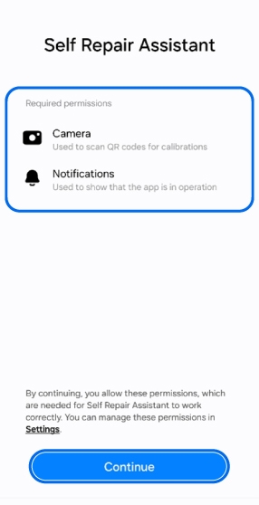 Self Repair Assistant screen showing a highlighted box listing Camera and Notifications permissions, with a Continue button below.