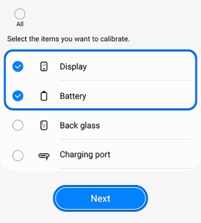 Calibration selection screen showing Display and Battery options checked and highlighted, with a Next button below.