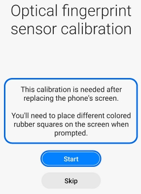 Optical fingerprint sensor calibration screen showing a highlighted instruction box and Start and Skip buttons.