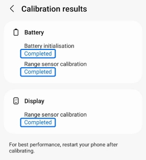 Calibration results screen showing Battery and Display sections with Completed highlighted for all items.