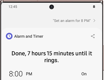 Alarm set for 8:00 PM with Bixby Voice