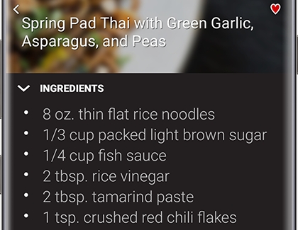 A recipe and ingredients list with a heart icon in the upper right