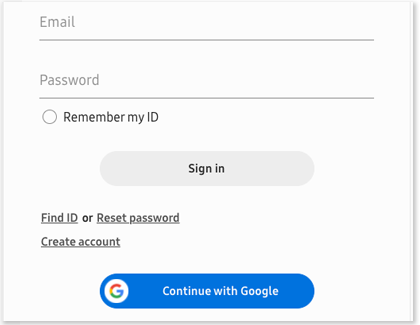 Samsung account login screen with options to Create account or Continue with Google