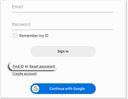 Find ID or Reset password highlighted on the Samsung login screen