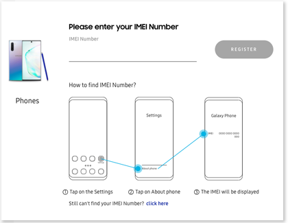 Samsung website with data field for IMEI Number displayed