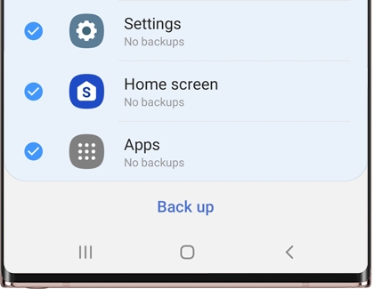 Selected data with Back up option at bottom of screen