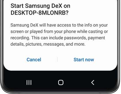 Start Samsung Dex notification with Cancel and Start now options