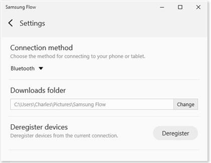 List of Samsung Flow settings on the PC