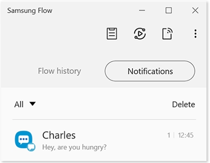 Notifications tab with a message in Samsung Flow
