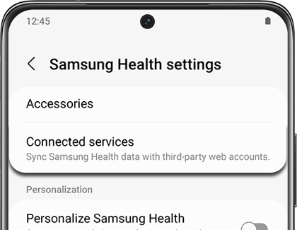 Samsung Health settings screen with Connected services highlighted