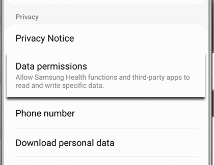 Samsung Health settings screen with Data permissions highlighted