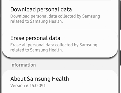 Samsung Health settings screen with Erase personal data highlighted