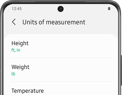 Units of measurement screen with a list of options