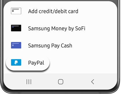 List of payment cards with PayPal highlighted