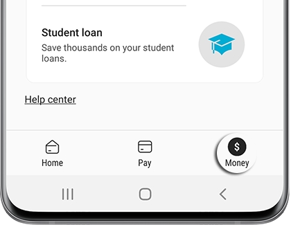 Money tab highlighted in the Samsung Pay app