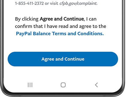 PayPal Balance Terms and Conditions with Agree and Continue button