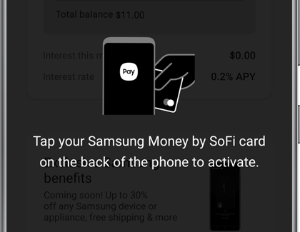 Illustration of person tapping Samsung Money by SoFi card on the back of a Samsung phone