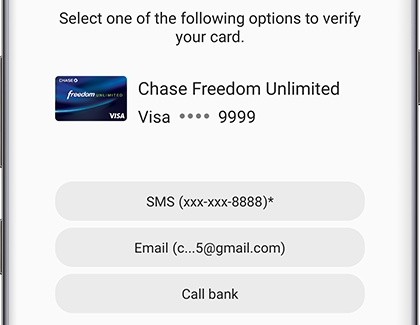 VERIFY CARD screen with SMS, Email and Call bank options