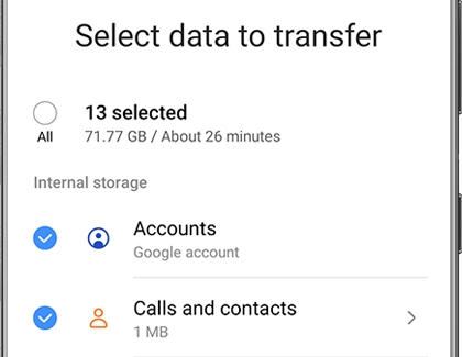 List of data to transfer with the Smart Switch app