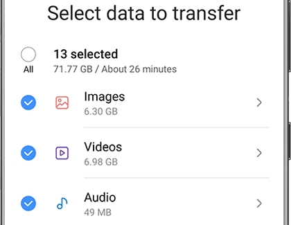 List of media data to transfer with the Smart Switch app