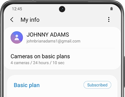 My info page for SmartThings Cam with camera and plan details