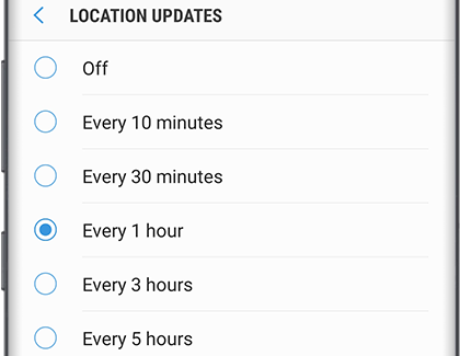 Location updates screen with Every 1 hour chosen