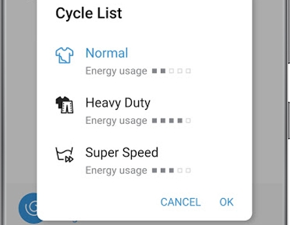 A Samsung washing machine Cycle List in the SmartThings app