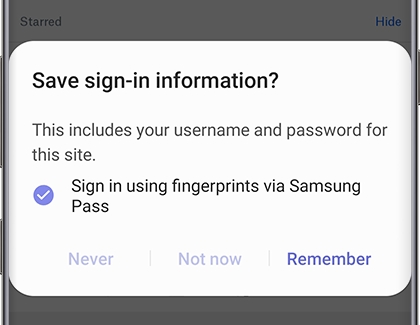 Save sign-in information in Samsung Pass popup