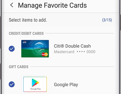 Two cards displayed as Favorite Cards in Samsung Pay