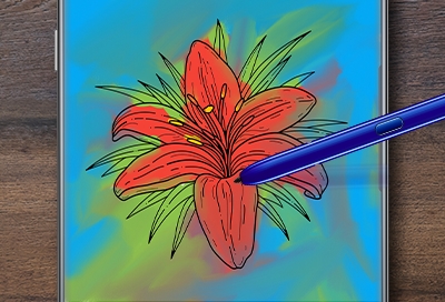 An S Pen coloring a flower in PENUP