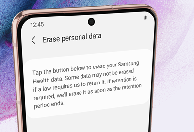 Galaxy S21 displaying erase personal data screen in the Samsung Health app