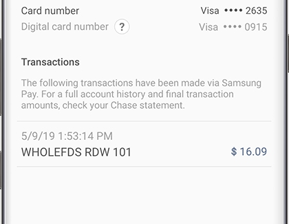 Recent transactions for a card in Samsung Pay