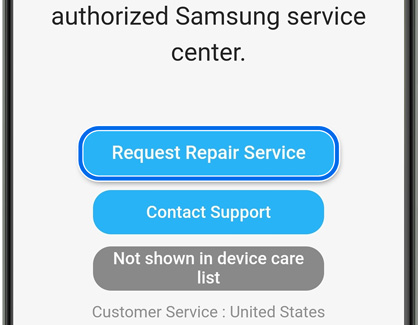 Highlight of the Request Repair Service button on the Galaxy phone
