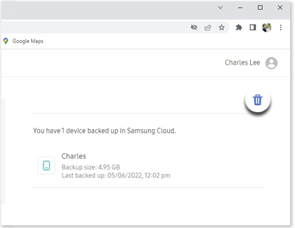 Delete icon highlighted on the Samsung Cloud website