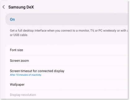 List of settings under Samsung Dex