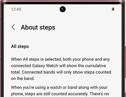 List of information for About steps in the Samsung Health