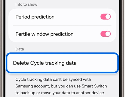 Cycle tracking settings screen showing the option to delete cycle tracking data in Samsung Health.
