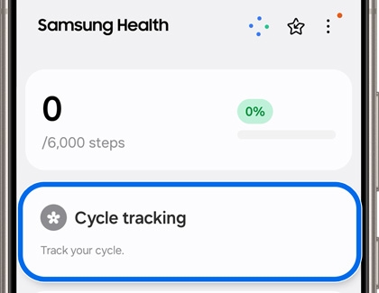 Cycle tracking feature in Samsung Health showing predicted period and ovulation dates.